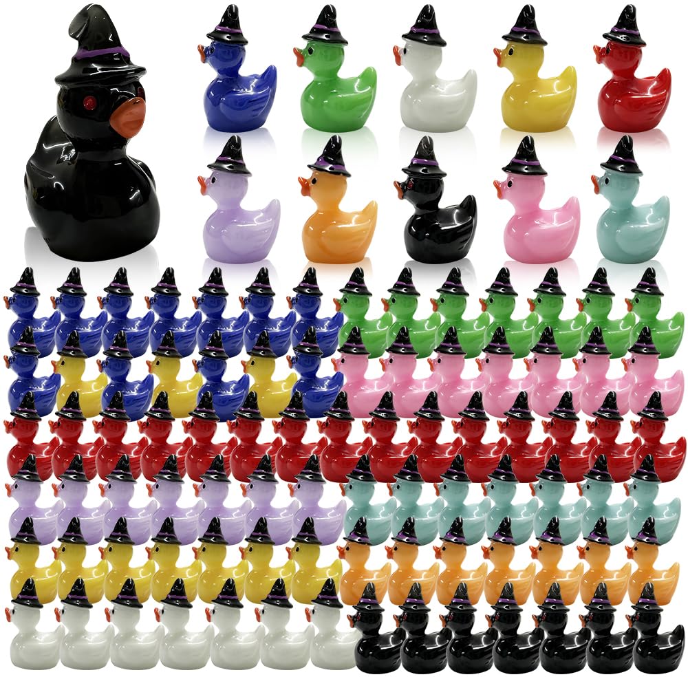 Aweelon 100Pcs Mini Resin Duck With Hat Halloween Tiny Duck Figurines Resin Ducks Bulk Multicolor Mini Ducks Miniature For Garde