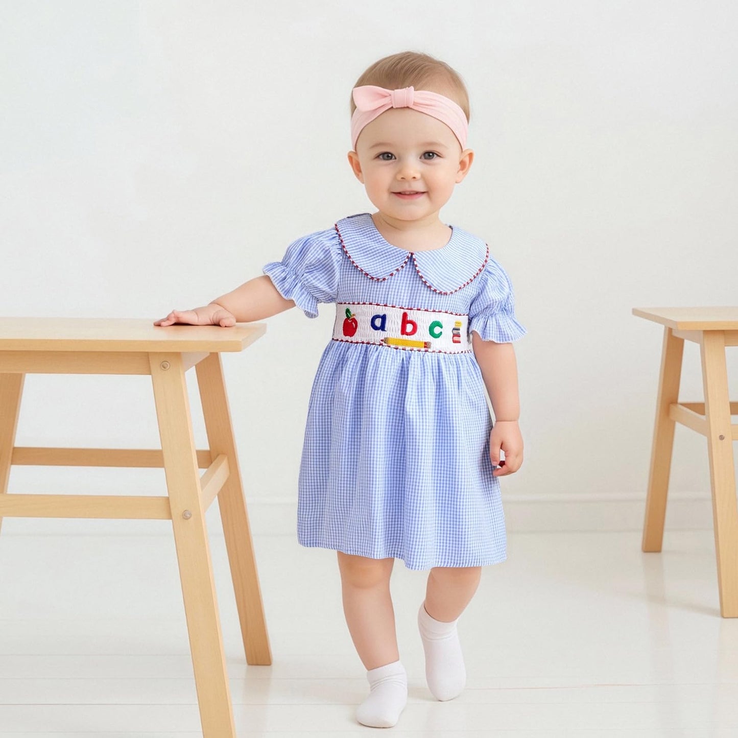 Toddler Girl Back To School Clothes Embroidery Smocked Dress Doll Collar Sundress First Day Of Pre Kindergarten Outfit (Abc Appl