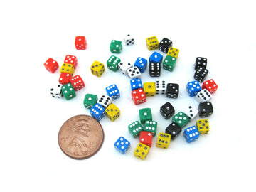 Koplow Games 1816x 50 Six Sided D6 .197'' Die Small Tiny Mini Miniature Multicolored Dice, 5 mm, White/Black/Red/Green/Blue/Yell