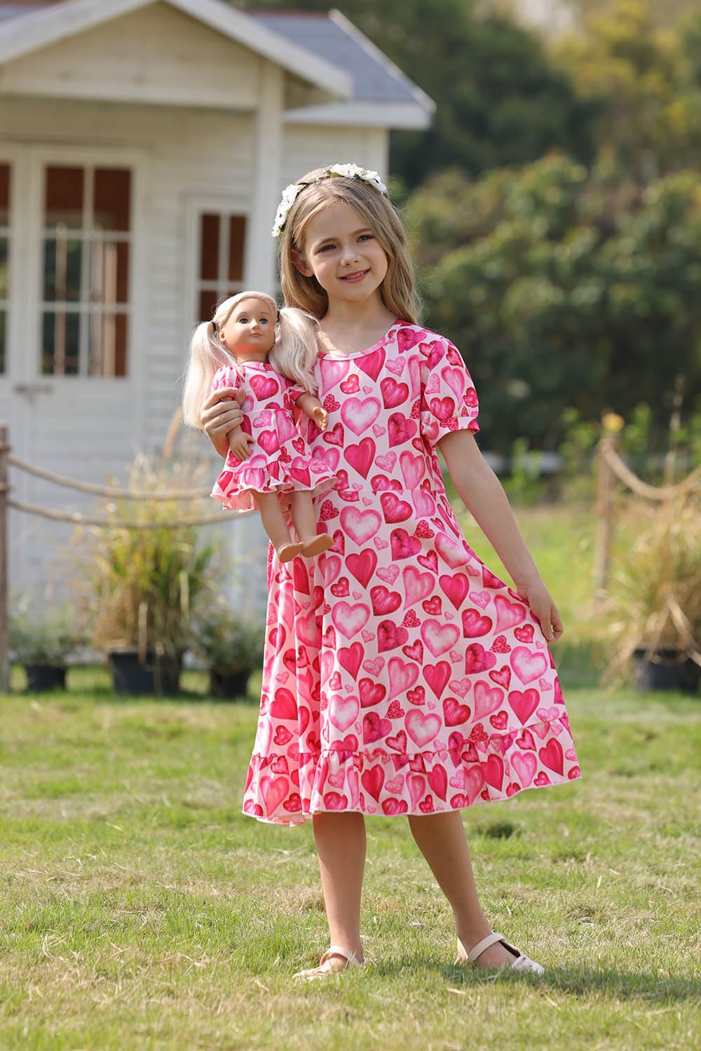 Bow Dream Girl Dress Pink Heart Unicorn With Matching American Girl Doll Clothes Accessories Size 130