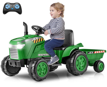 Olakids 12V Kids Ride On Tractor, Battery Powered Motorized Electric Car With Trailer, Dual Motors, Remote Control, Light, Music, Usb, Toddler Vehicle Toys For Boys Girls (Green)