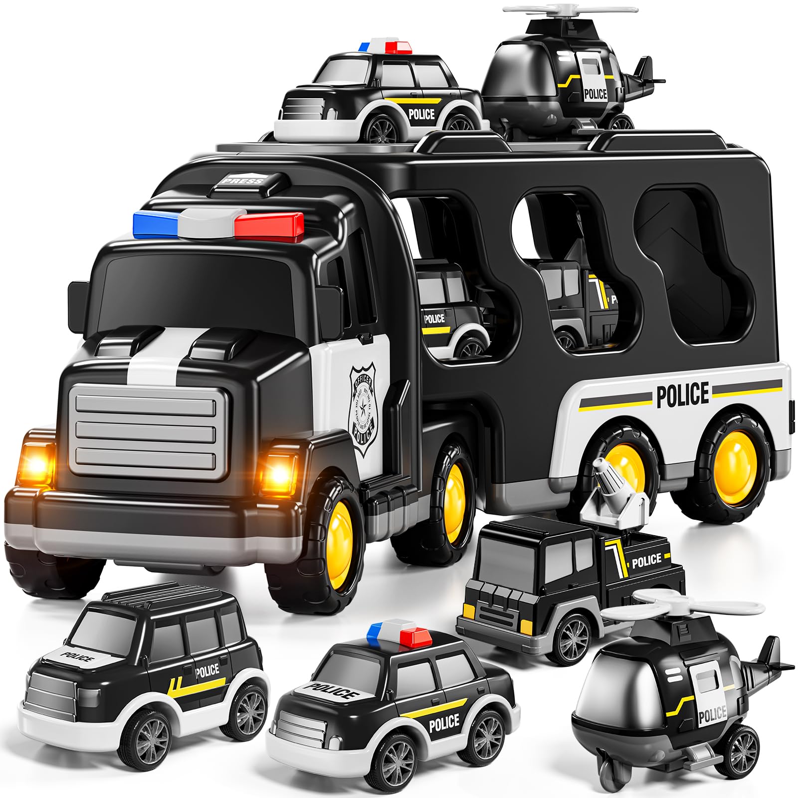 JUKUDAHU Police Truck Toy for 3 4 5 6 Years Old Boys - Carrier Vehicle Toy Set with 3 Small Cars and 1 Helicopter, Kids Firction