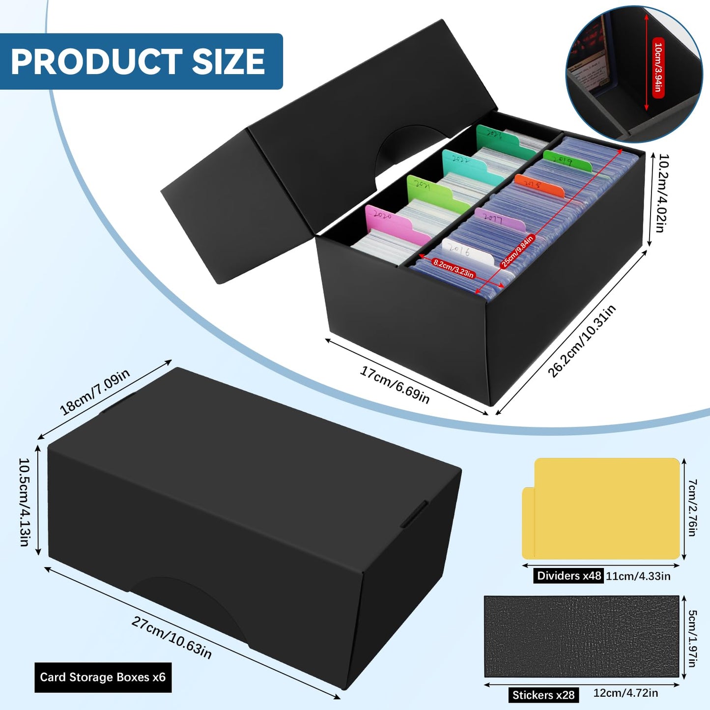 HIMOMO 6 Pack Trading Card Storage Box, 1600 Count Cardboard Storage Box with 48 Cards Dividers, Bulk Card Storage Boxes Sports