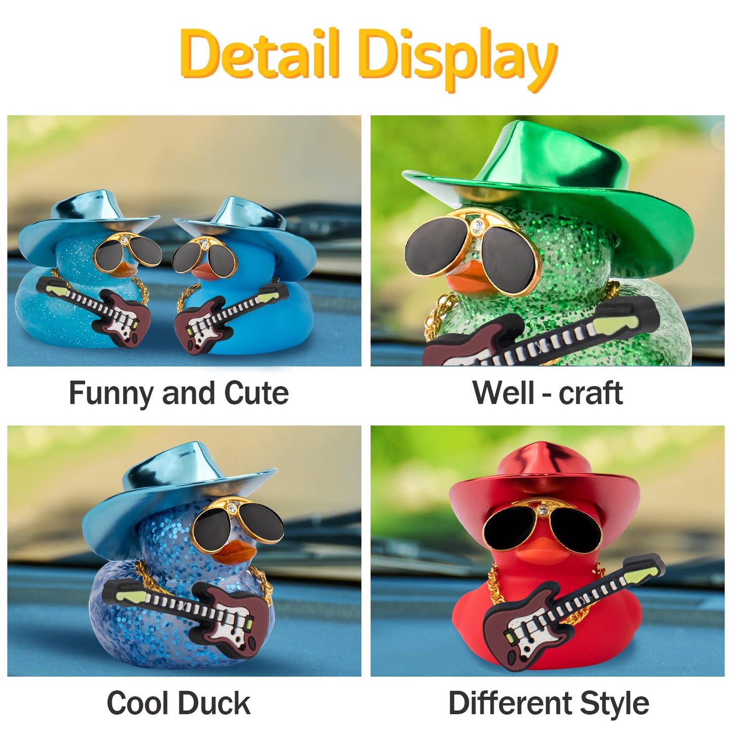 wonuu Car Decorations Laser Cowboy Hat Rubber Ducks, Dashboard Rubber Ducky for Car Ornament Cute Duck with Hat, Glasses, Neckla
