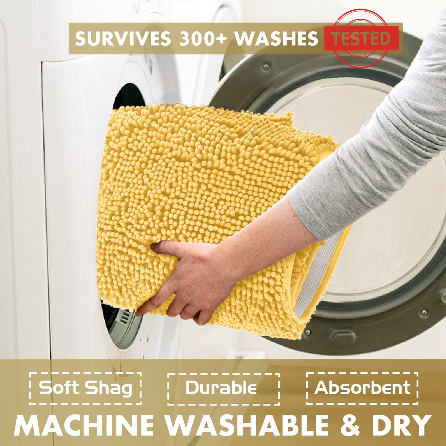 LuxUrux Bath Mat, U-Shaped contoured Rug for Around Toilet, Super Absorbent Shaggy Bath Rug Machine Wash  Dry, Yellow