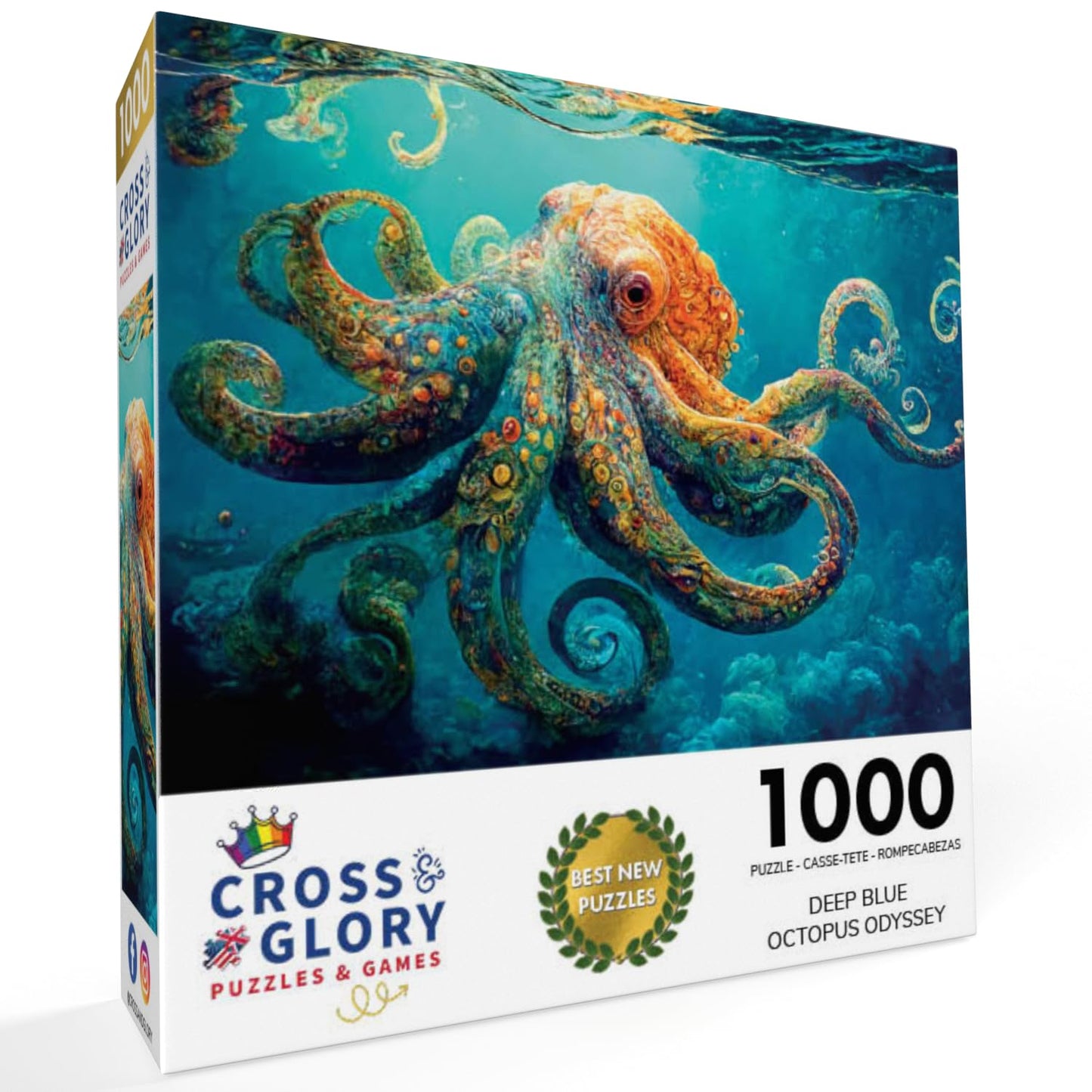 Cross & Glory 1000 Piece Jigsaw Puzzle - Deep Blue Octopus Odyssey, Large Size, Durable 1.8mm Cardboard, Unique Marine Artwork