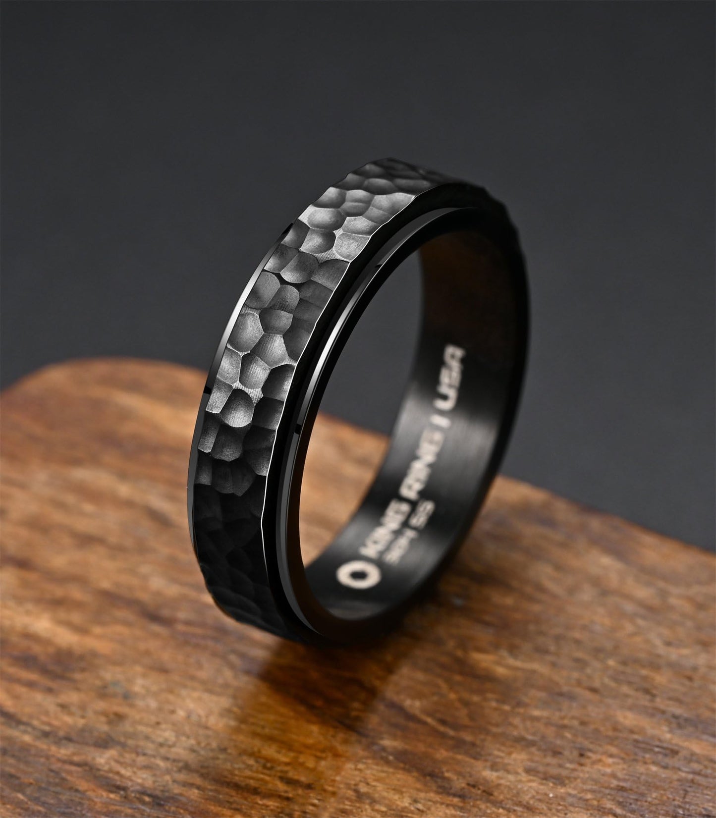King Ring 6mm Spinner Hammered Ring - Stress Relief Fidget Ring for Men & Women K39V2 - Black 06