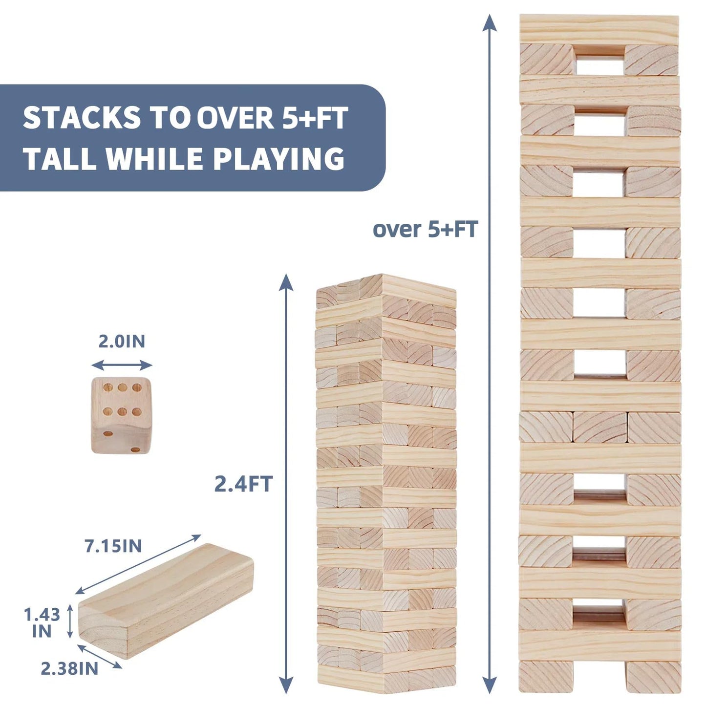 Megwoz Giant Tumble Tower Game - 60 Blocks New Zealand Pine Wooden Stacking Blocks for Kids & mature-themeds  Over 5FT Tall Indoor/Outdoor Family Games  Birthday Party Games Unique Gifts for for All Ages