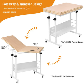 Tektalk 2000 Piece Foldable Puzzle Board With Height Adjustment, Jigsaw Puzzle Table With 2 Felt Cover & 8 Sorting Trays/Drawers, Puzzle Easel With Legs, Enclosed With 4 Roller Wheels (White)