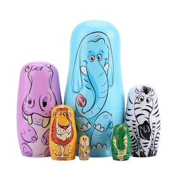 Yoption 6Pcs Russian Nesting Dolls Handmade Wooden Animal Matryoshka Dolls Set For Kids Christmas Birthday Wishing Gift (Blue El