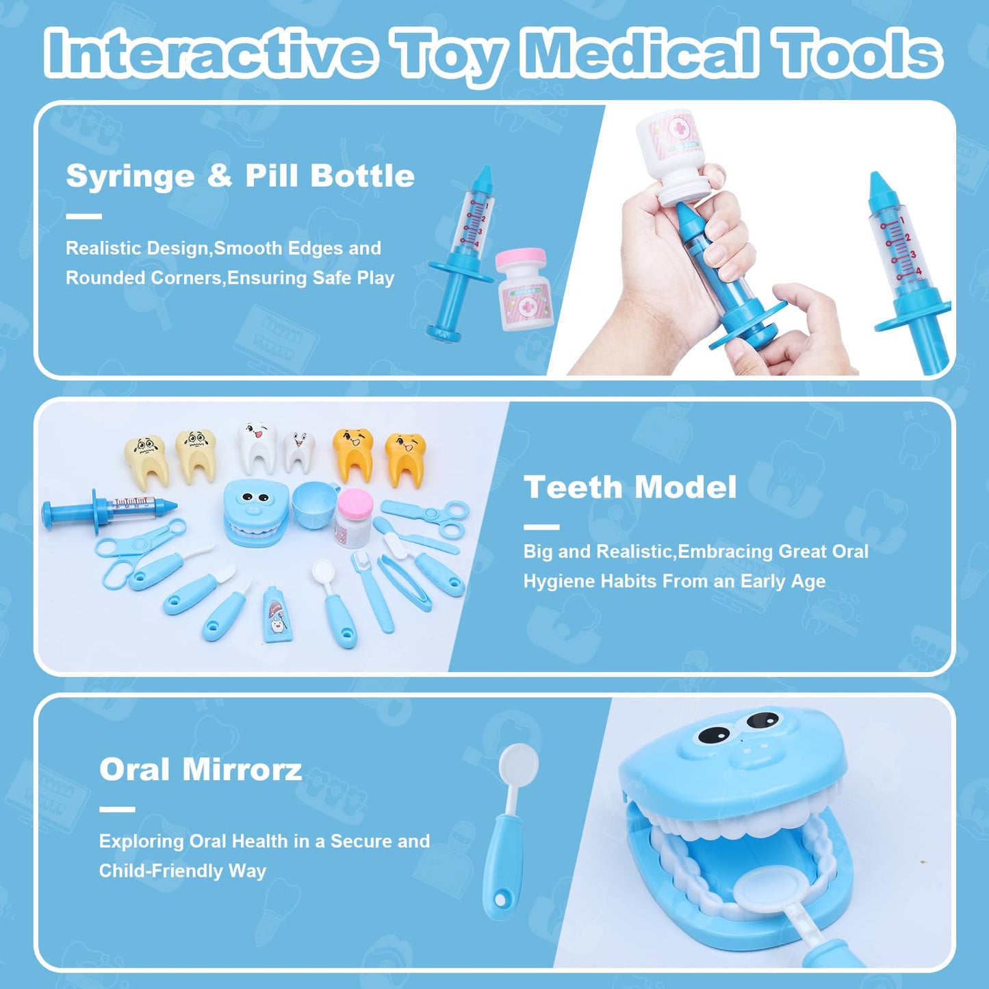 Dentist Play Set with Pretend Play Set of Teeth and Dental Accessories,30 Pieces Toy Doctor Kit for Kids with Medical Bag & Dent