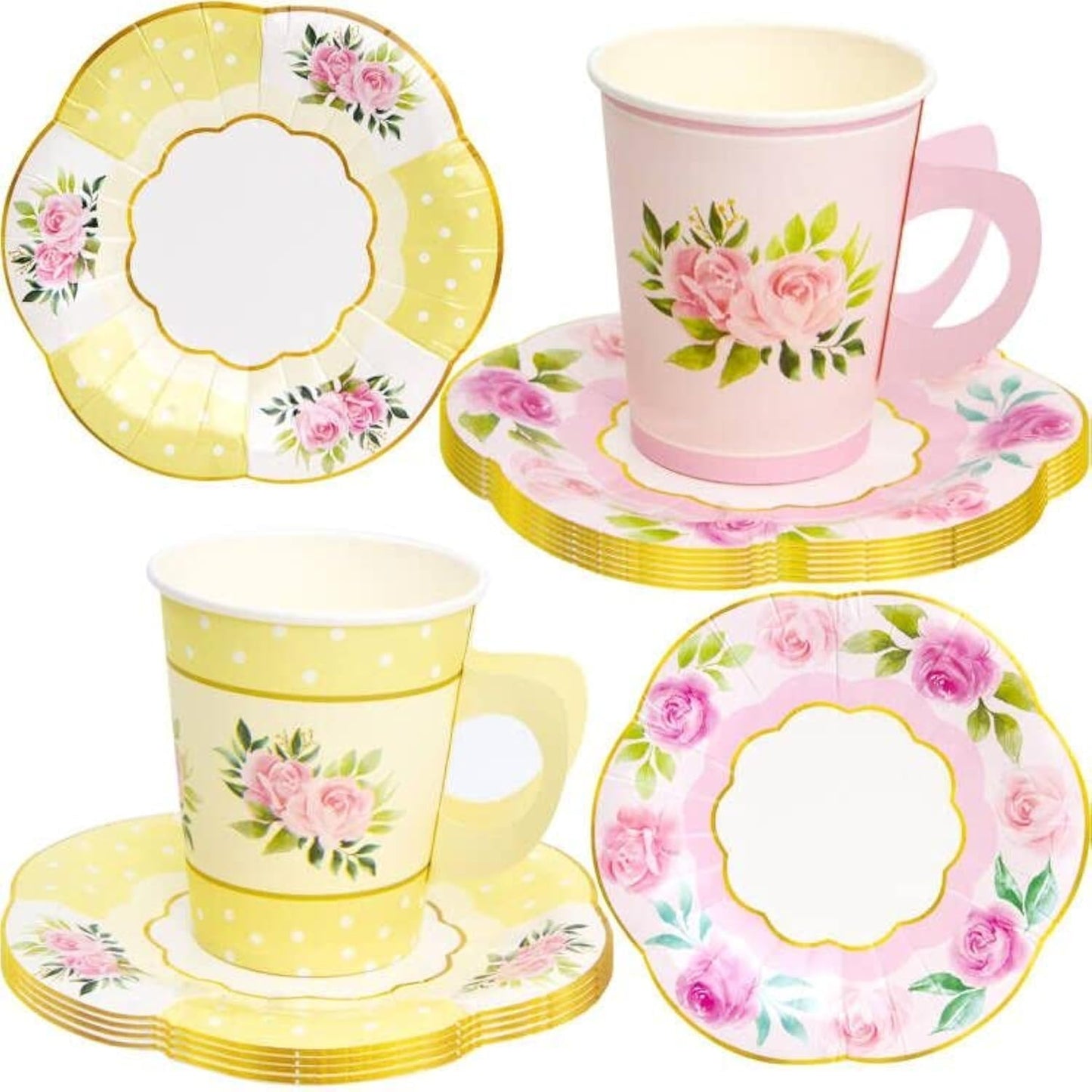 ceiba tree Floral Paper Disposable Tea Cups with Handle and Saucers Tea Party Decorations Favors 24 Sets for Girls Women Flower 