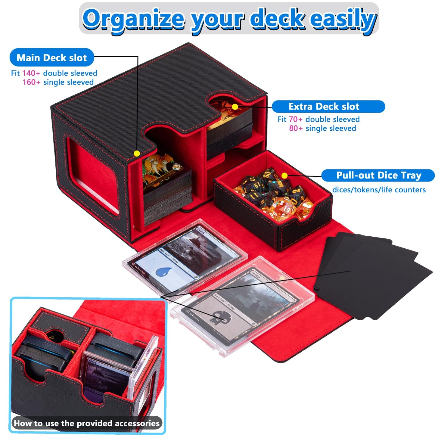 Wellmiller Mtg Deck Box For Commander With Dice Tray,Designed For Mtg Commander Card Deck Box Fits 200+ Double Sleeved Cards,Car