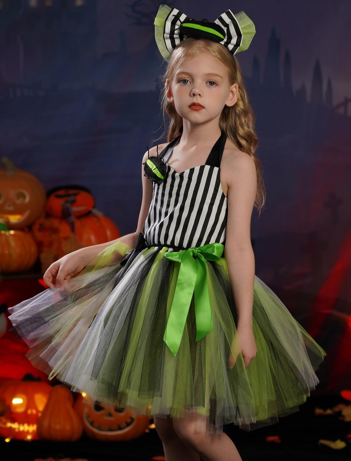 Obeeii Kids Girls Halloween Costume Black White Stripe Tulle Tutu Dress With Headband Set Little Girls Carnival Fancy Dress Blac