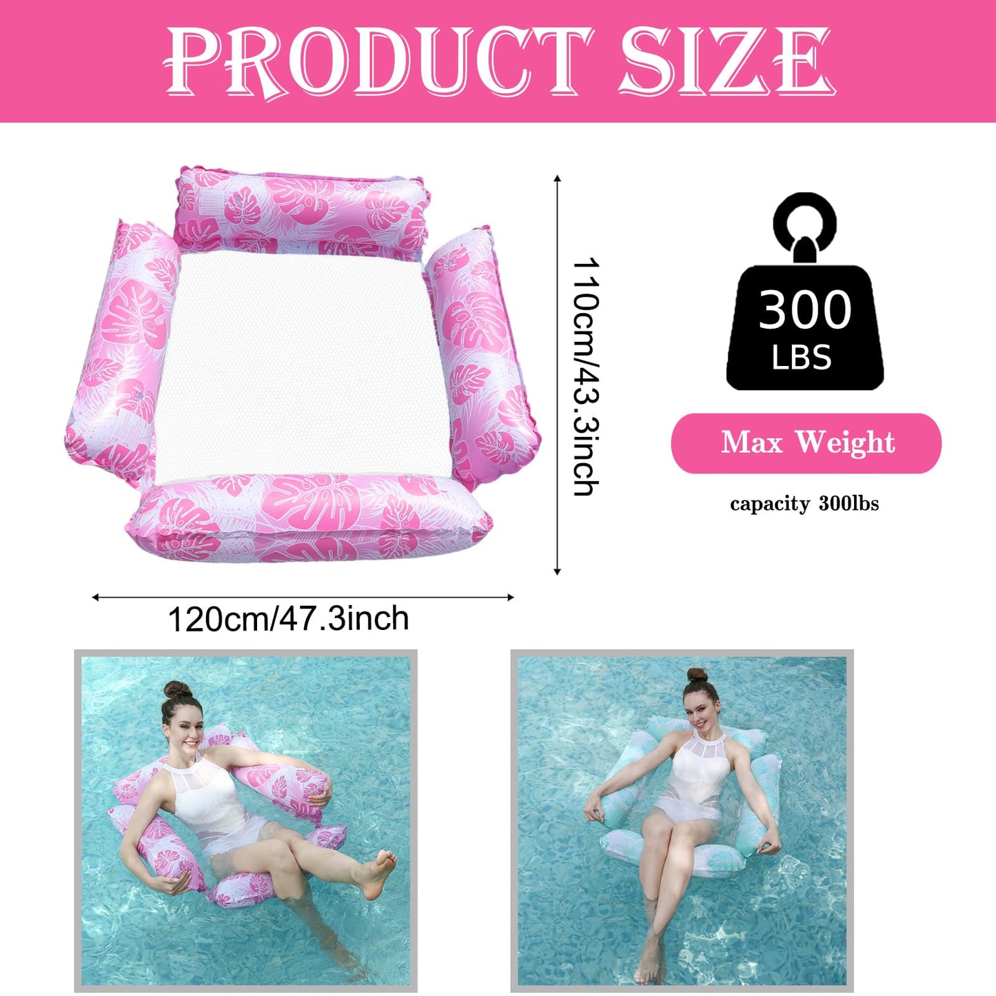 2 Pack Inflatable Pool Float Hammocks, 4-in-1 Multi-Purpose Inflatable Pool Floats Adults,4 Tubes Floating Mesh Chair for Summer