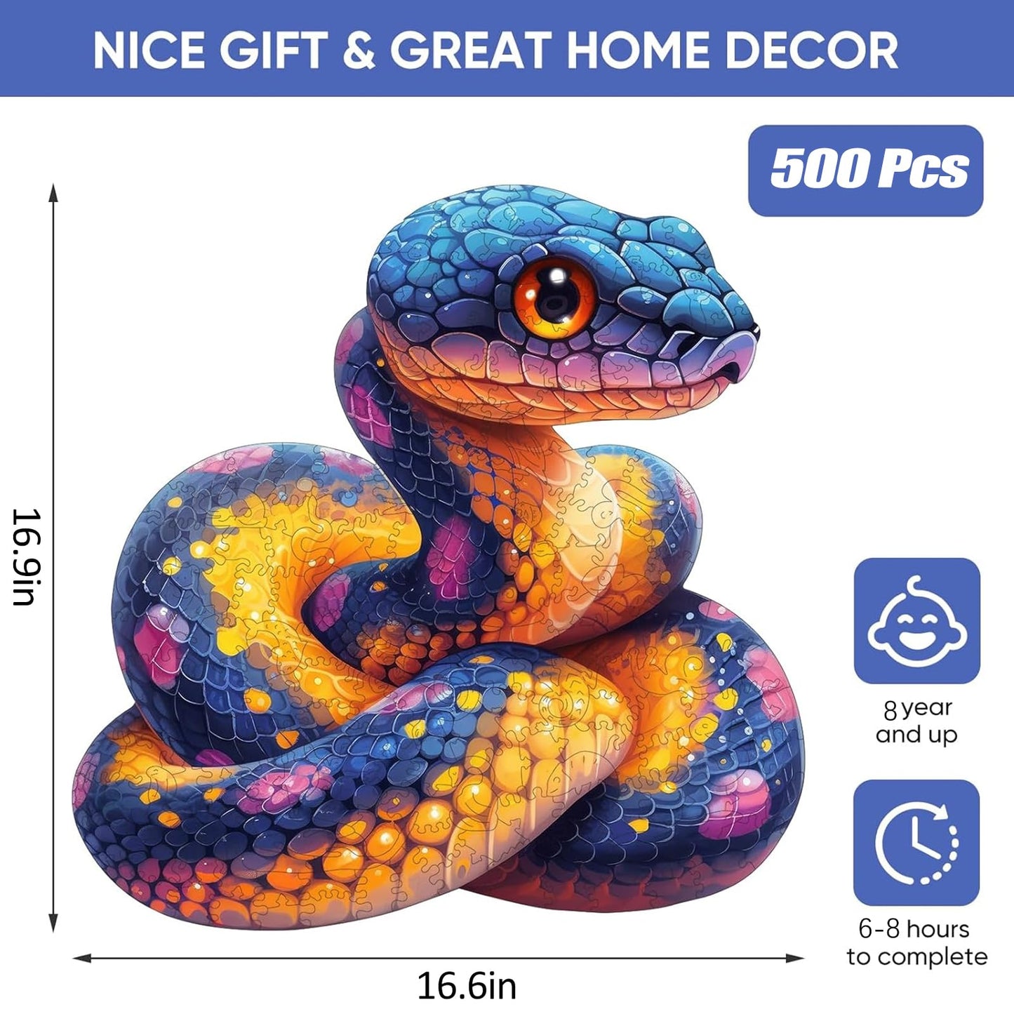 Wooden Puzzle for mature-themeds  Snake Wooden Jigsaw Puzzles(16.6 * 16.9in-500pcs)  Unique Shape Animal mature-themed Puzzles Irregular Wood Puzzles Best Gift for mature-themeds and Kids Family Game