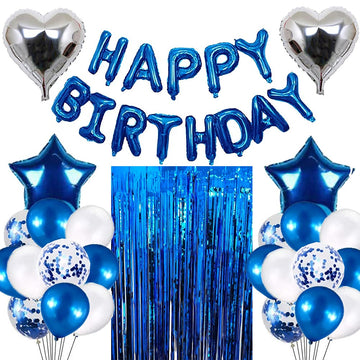 Morofme Blue Birthday Party Decorations Set With 38Pcs Balloons, Confetti, Foil Balloons, Fringe Curtains For Unisex Blue Themed Events
