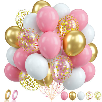 Biapian Pink Gold Balloons, 60Pcs Pink White And Gold Balloons, 12Inch Metallic Gold Confetti Balloons Pastel Pink Latex Balloon