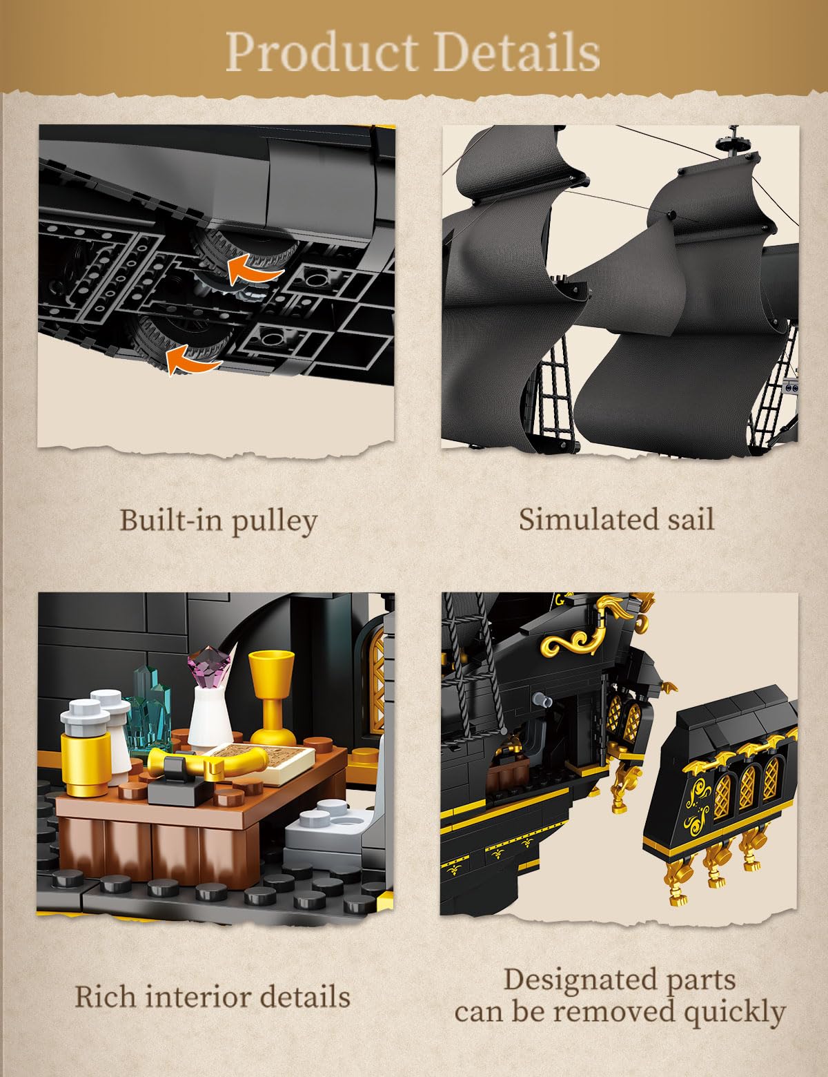 SEMKY Pirate Series Black Devil Pirate Ship MOC Building Blocks and Engineering Toy(2076 Pieces)  Pirate Ship for Kid and Fan