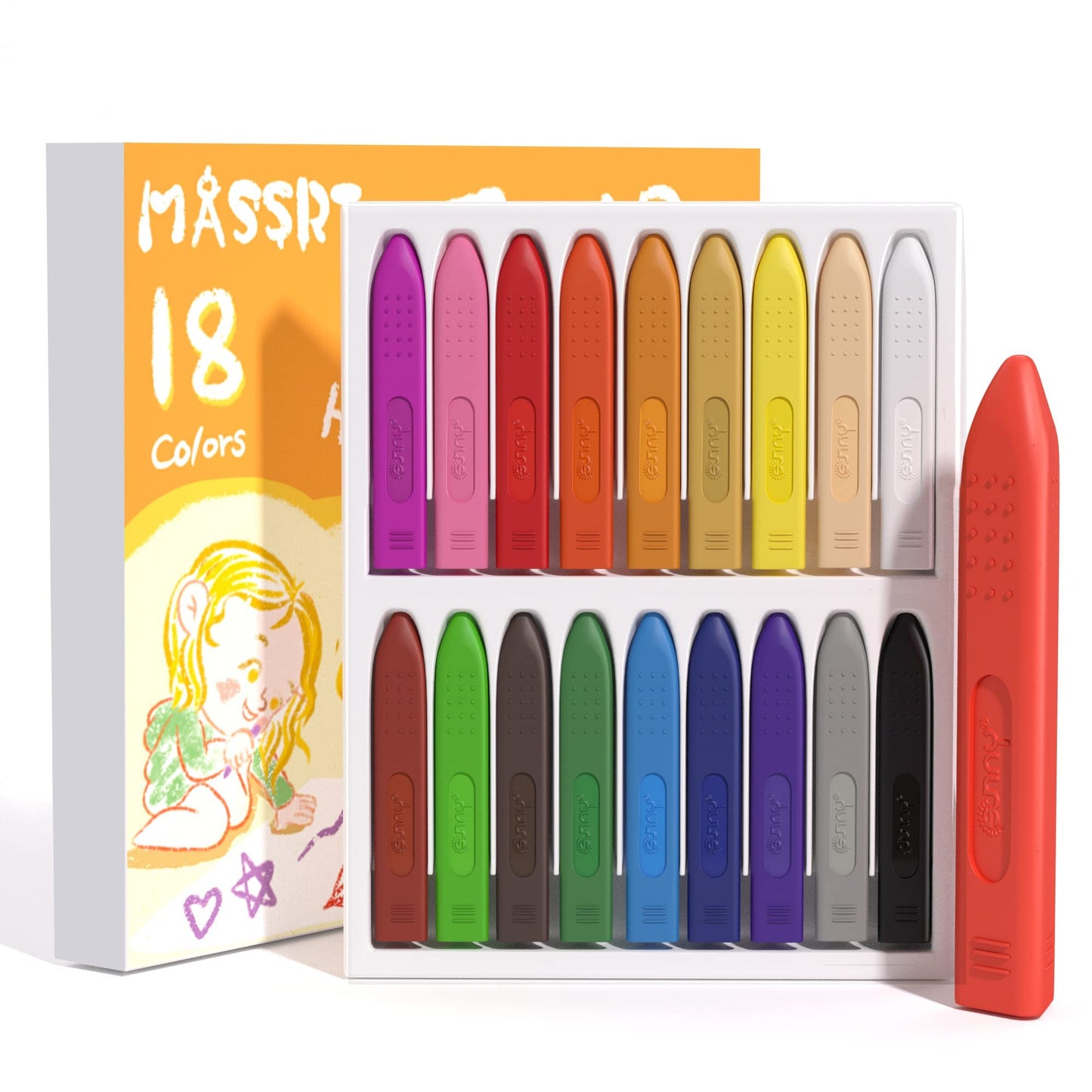MASSRT Jumbo Crayons for Toddlers, 18 Colors Mess Free Unbreakable Crayon Gifts, Easy to Hold Washable Crayons for Kids, Safe Co