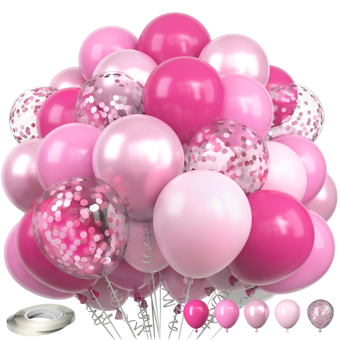 Pink Balloons, 60 Packs 12 Inch Hot Pink Pastel Pink Light Pink Balloons With Confetti Balloon For Valentine'S Day, Birthday, Ba