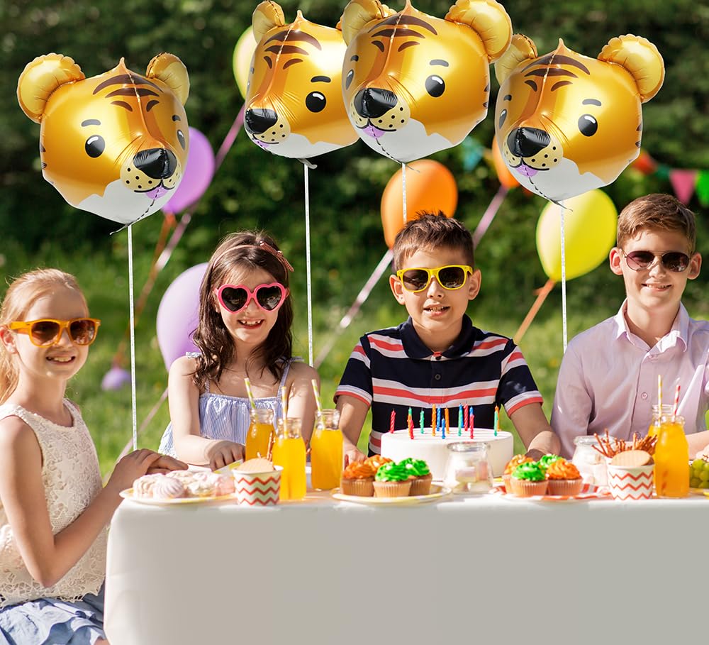 4D Wild Woodland Jungle Tiger Head Balloons Farm Zoo Safari Animal Tiger Balloons, 4 Pack 23'' Tiger Helium Mylar Foil Balloons