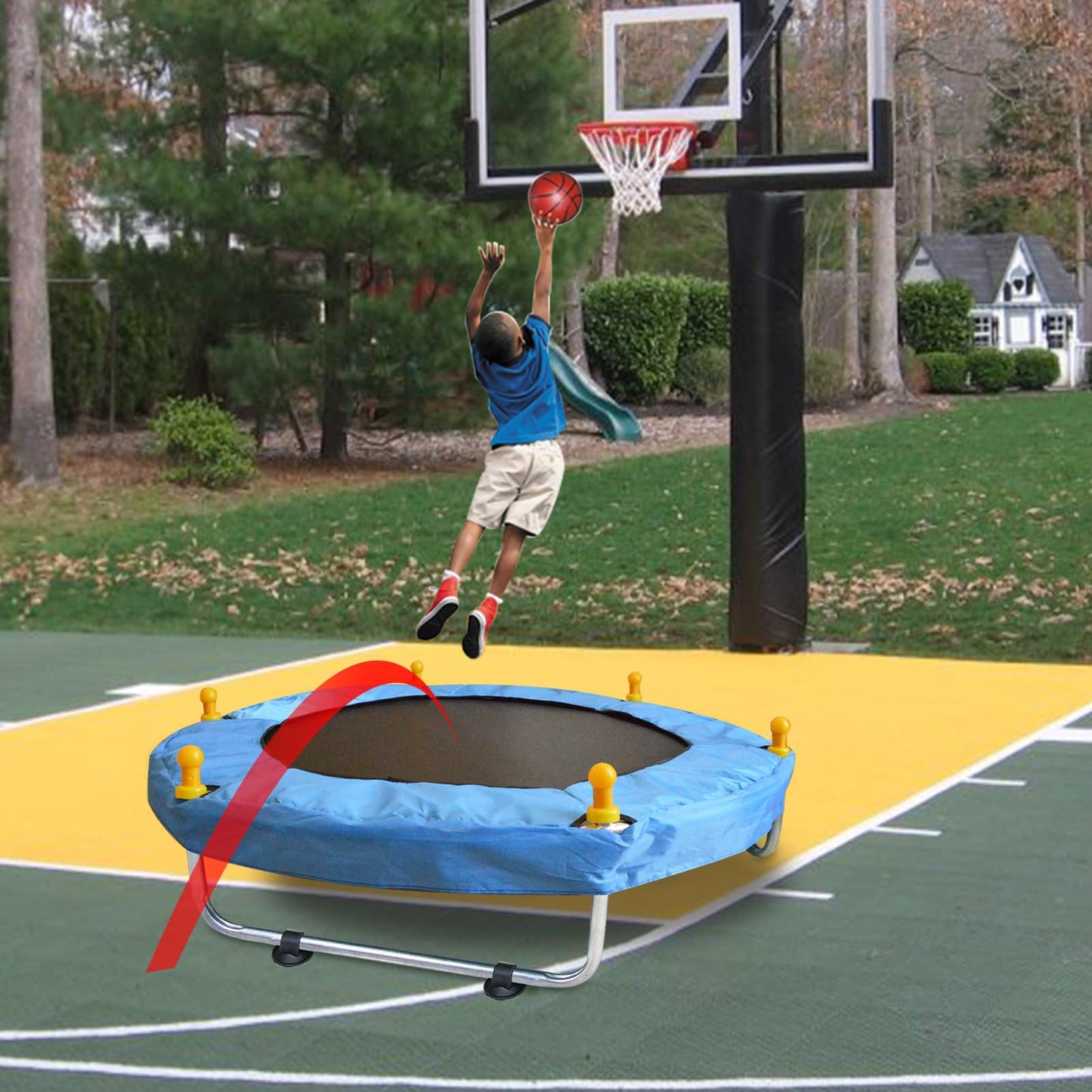SZBOB Toddler Trampoline - 55'' Indoor/Outdoor Mini Trampoline with Safety Net, Red-Green-Blue, No-Gap Design for Ages 1-8