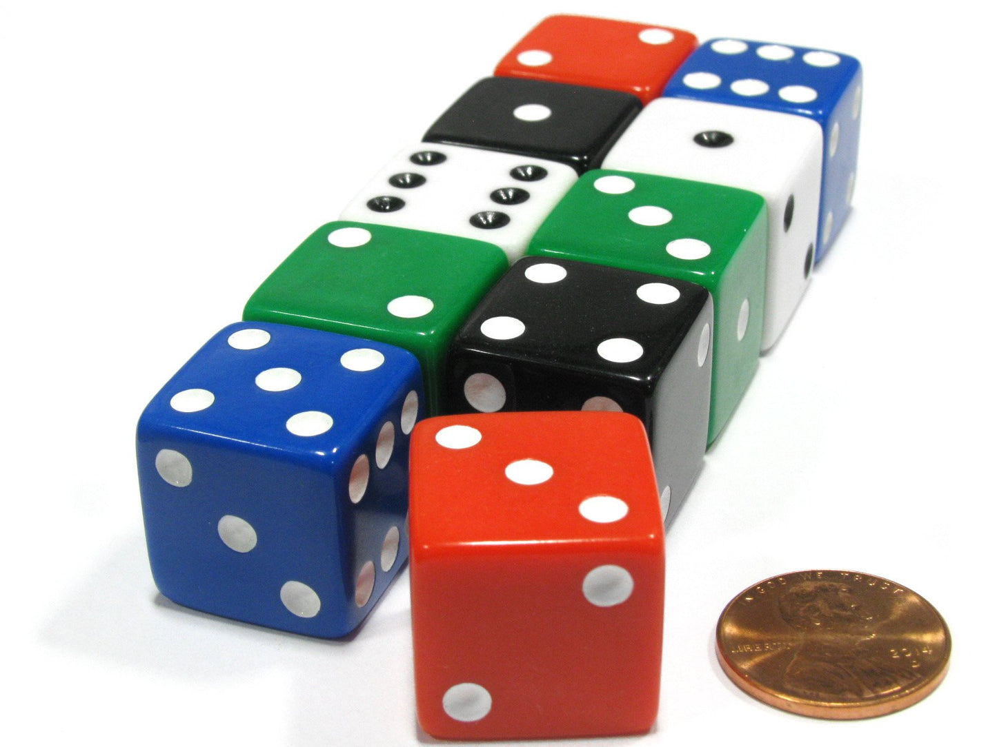 Koplow Games Set of 10 Large 19mm Opaque D6 Dice - 2 Each of 5 Assorted Colors - Plastic