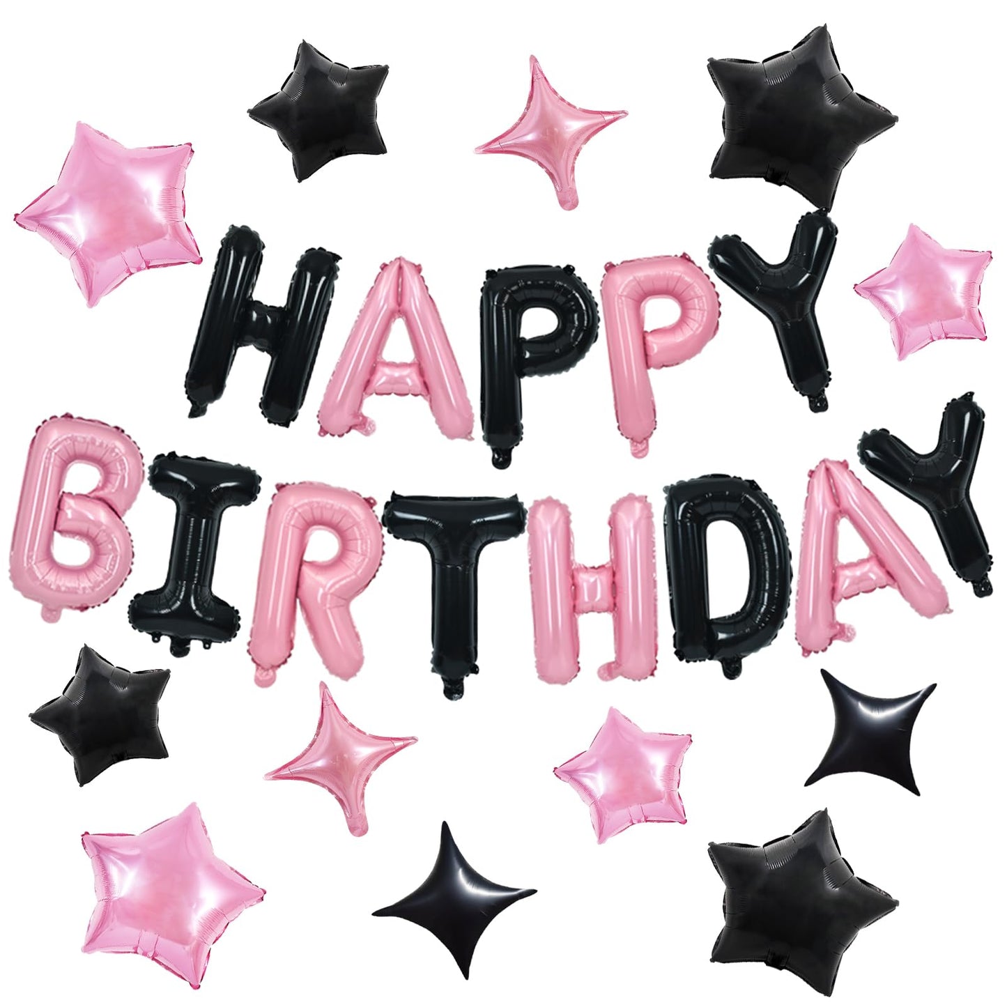 TONIFUL 35PCS Black Pink Happy Birthday Decorations Kit 16 Inch Happy Birthday Balloon Banner with Star Balloons Mylar Foil Birt