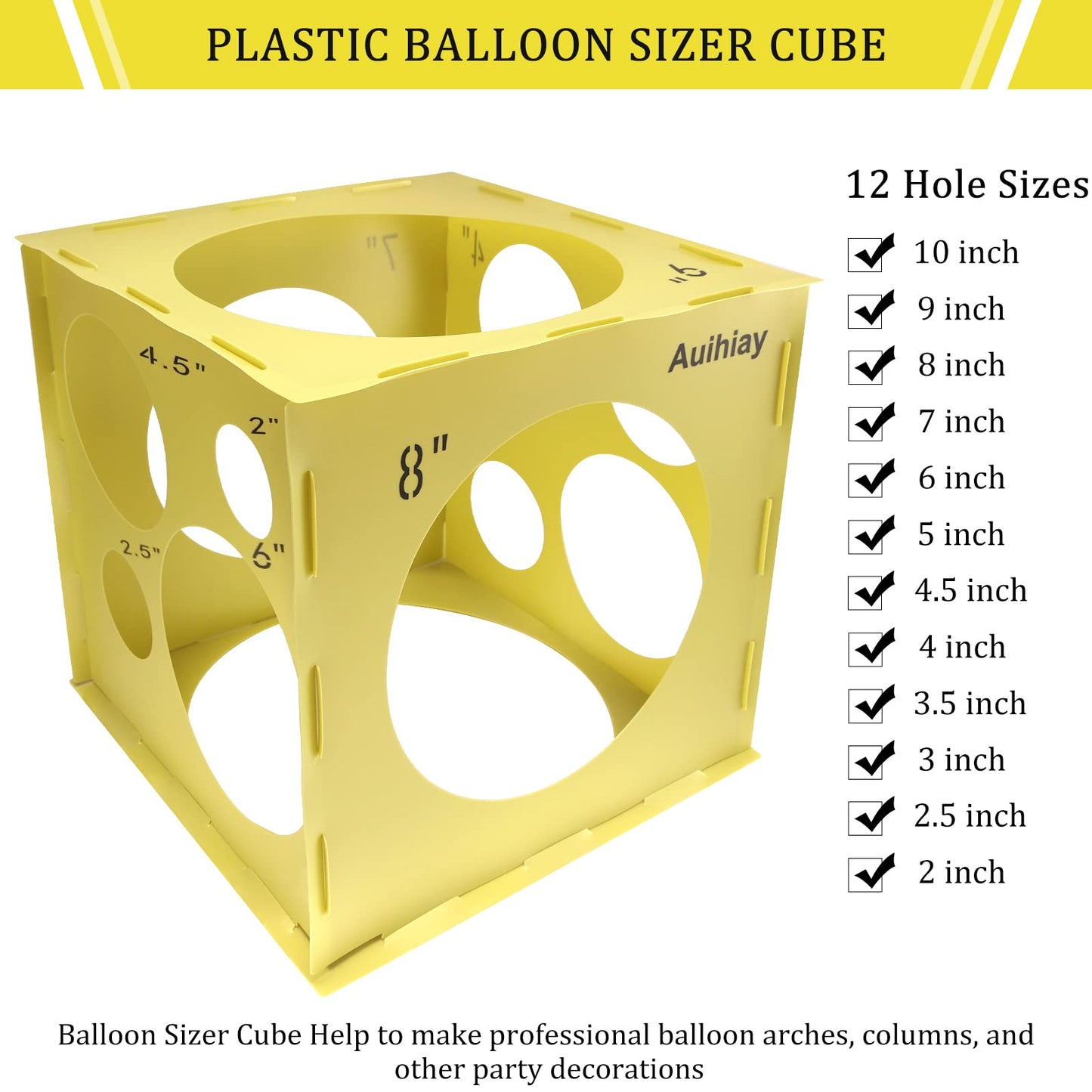 Auihiay 14 Holes Plastic Balloon Sizer Box Cube, Yellow Collapsible Balloon Size Measurement Tool For Balloon Arches, Balloon Towers, Balloon Columns And Balloon Decorations (1-10 Inch)
