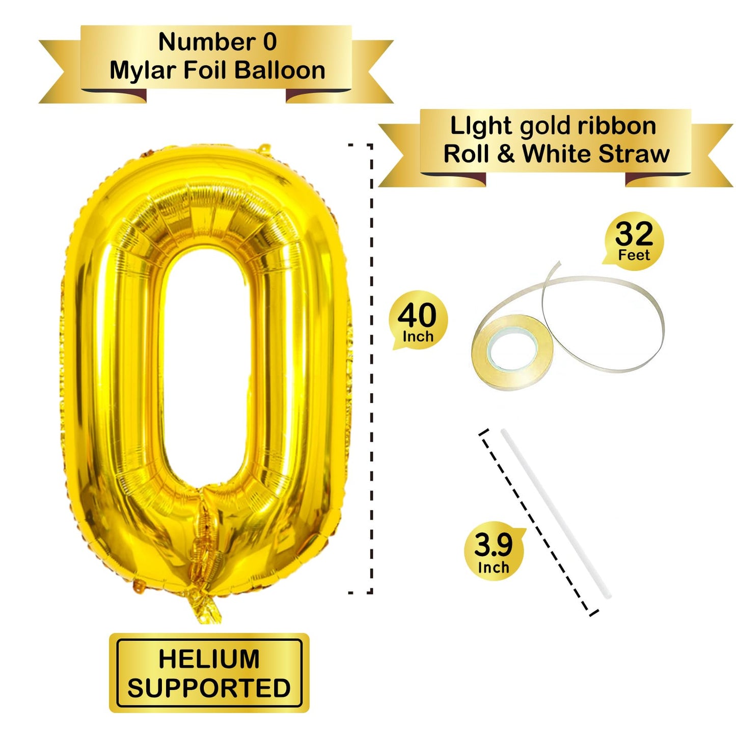 Beeyaky 40 Inch Gold Number Balloon, Helium Mylar Foil, Number 0 for Birthday & Anniversary Decorations