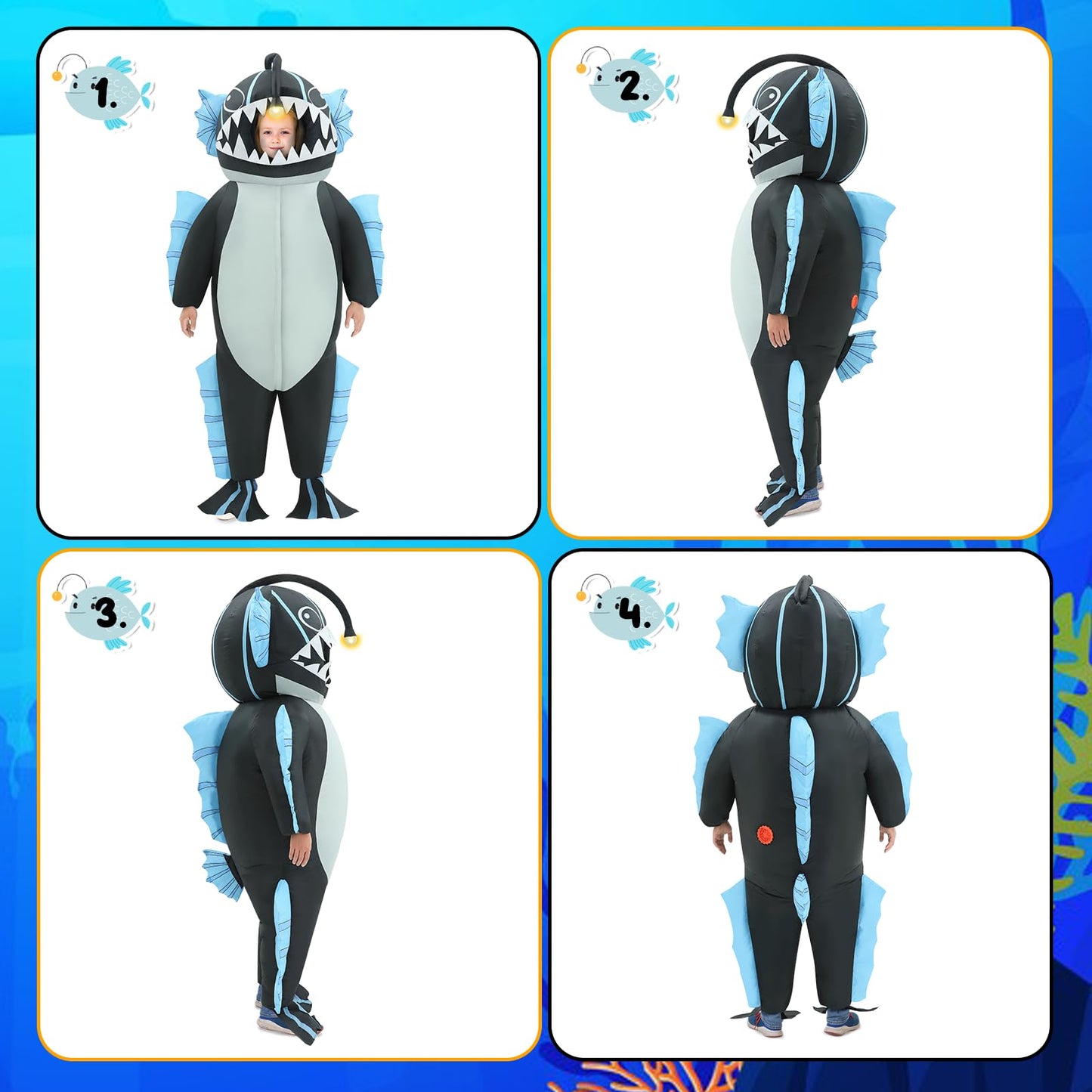 WQWOVRVO Inflatable Anglerfish Costume for Kids, Large, Multicolor, Polyester, Funny Halloween Blow Up Outfit