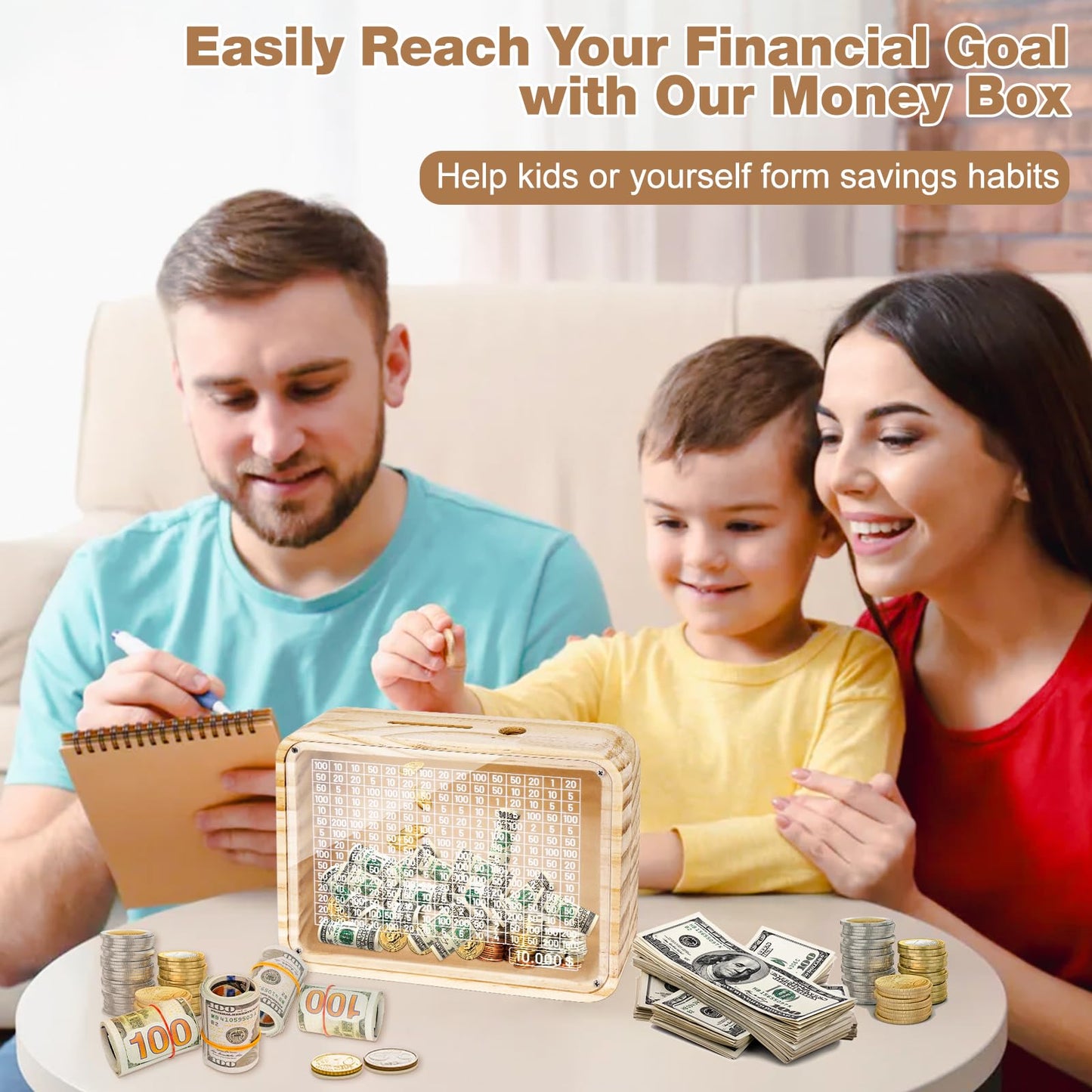 Homgaty Wooden Money Box Money Bank, Clear Countdown Money Saving Box With 10000 Dollars Target, Money Box With Money Target And Numbers To Check For Adults Kids Boys Girls
