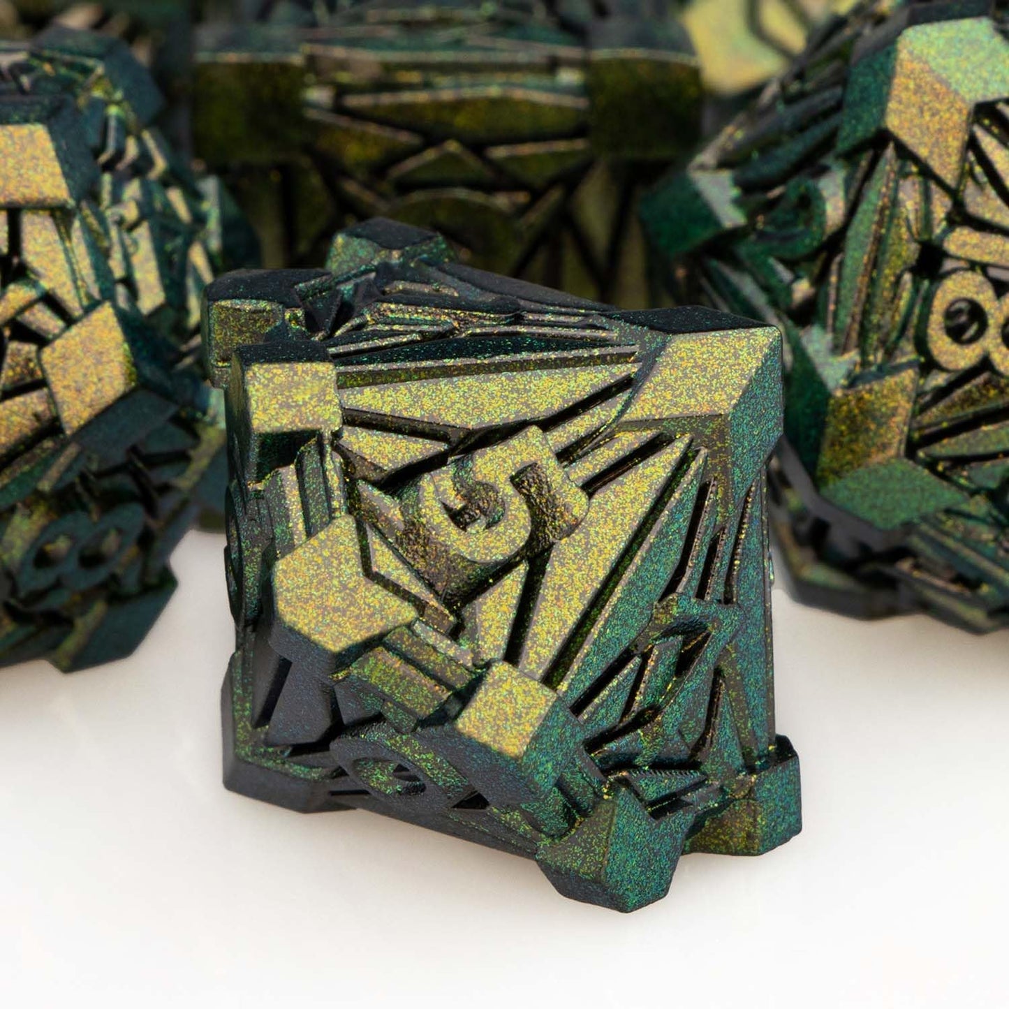ORIFANTOU 7PCS Metal DND Dice Set Green Yellow D&D Dice with Box, Debris RPG D and D Dice Dungeons and Dragons Role Playing Game