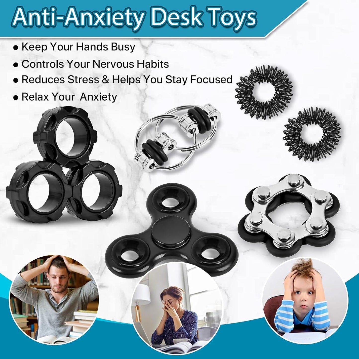 Dr.Kbde 12 Pcs Fidget Toys Adults Pack Stress Relief Sensory Toys For Kids Teen Cool Gadgets Desk Toys Flippy Roller Bike Chain Figits Rings Figette Spinners Classroom Prizes Gift For Adhd Boy Girls