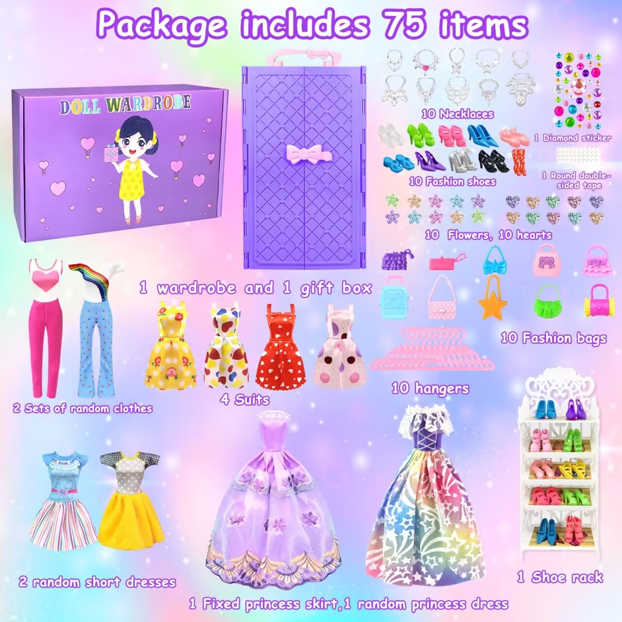 75 Pack Doll Clothes and Accessories with Doll Closet for 11.5 Inch Doll Fashion Design Kit Girl Doll Dress Up Including Wedding