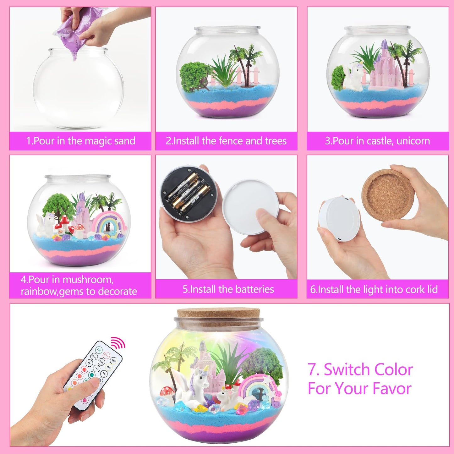 Mydova Unicorn Terrarium Crafts Kit For Kids - Unicorn Birthday Gifts Toys With Led Night Light-Up & Remote Control Diy Unicorns