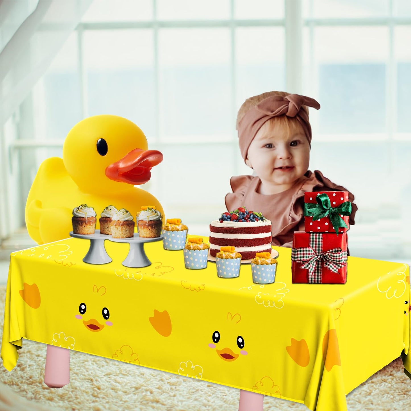 Dydamud Rubber Ducky Birthday Tablecloths, Duck Baby Shower Decorations 40Pcs Cute Yellow Duckie Table Cover For Waddle It Be Ge