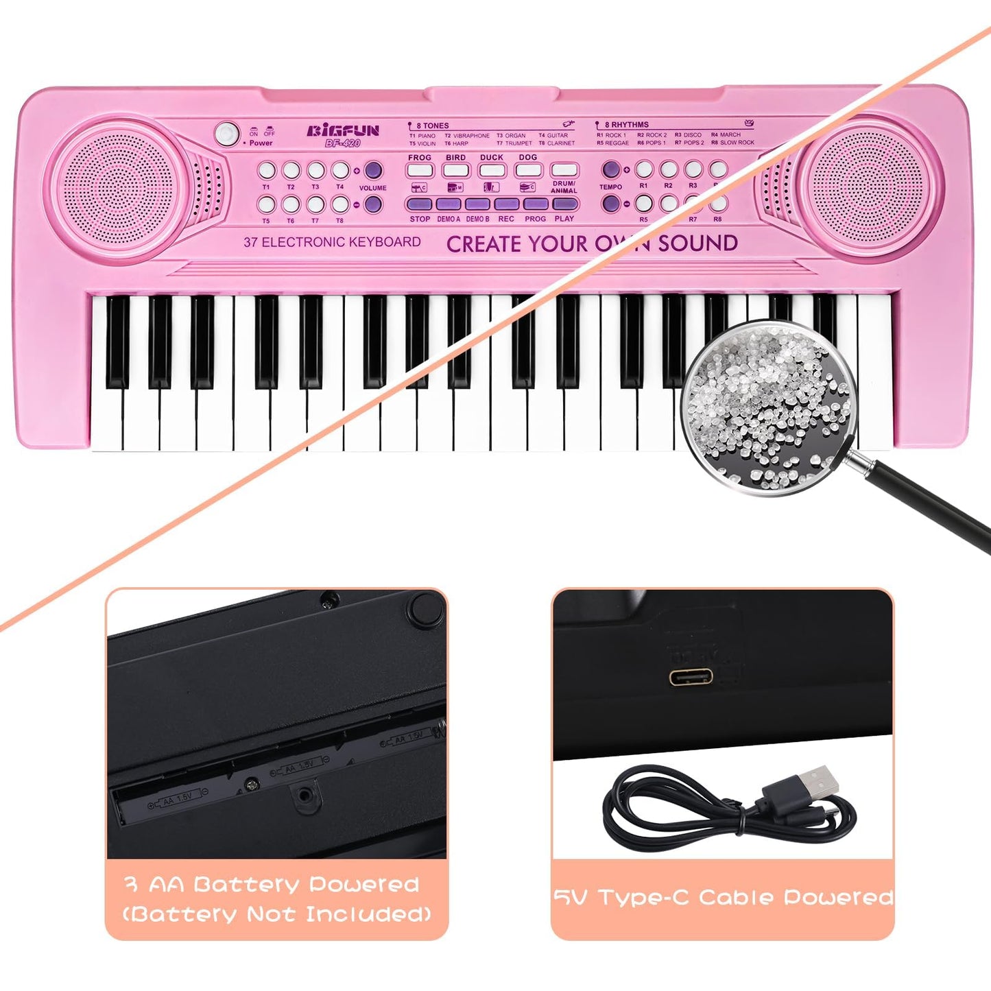 Raimy 37 Keys Keyboard Piano For Kids, Portable Keyboard Piano Early Learning Educational Electronic Musical Instrument Toys Gifts For 3 4 5 6 7 8 9 Year Old Boys And Girls (Pink)