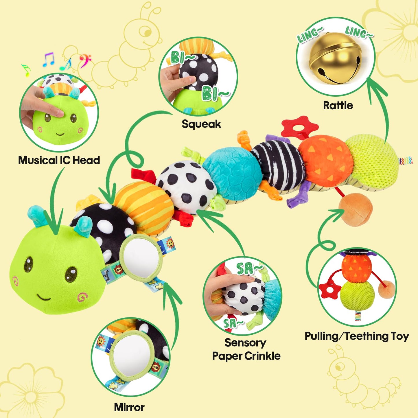 Baby Sensory Toys 0-6 6-12 Months  Musical Plush Animal Stuffed Caterpillar with Crinkle & Rattle  Tummy Time Toys for Infants Newborn 3 6 9 12 18 Months  Car Seat and Shower Gifts for Boys Girls