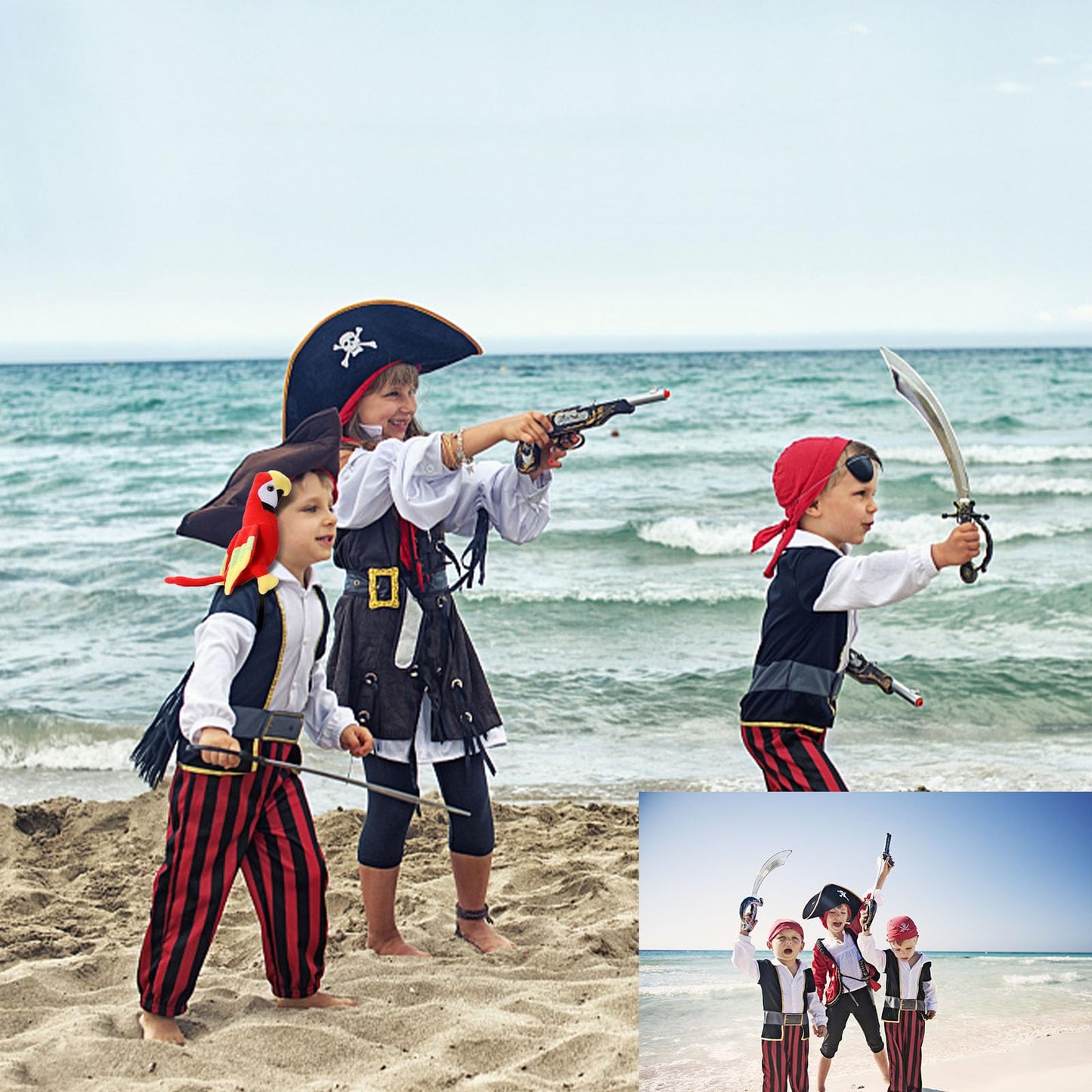 UOIENRT 2Pcs Pirate Hat Hat Skull Print & 10in Stuffed Parrot on Shoulder Pirate Costume Accessories for Halloween, School Play,