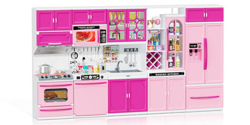 Wee Wonders 57 PCS Kitchen Playset for Girls, 5-in-1 Toddler Mini Kitchen with Realistic Lights & Sounds, Doll Kitchen House Toy