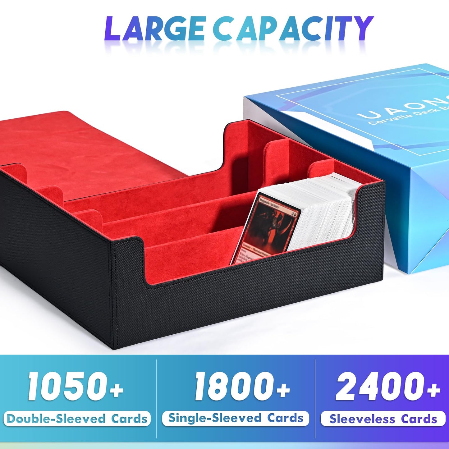 Uaono Card Storage Box For Trading Cards, 1800+ Pu Leather Commander Card Deck Case, Magnetic Closure Card Holder Fits For Magic Game Cards(Black&Red)