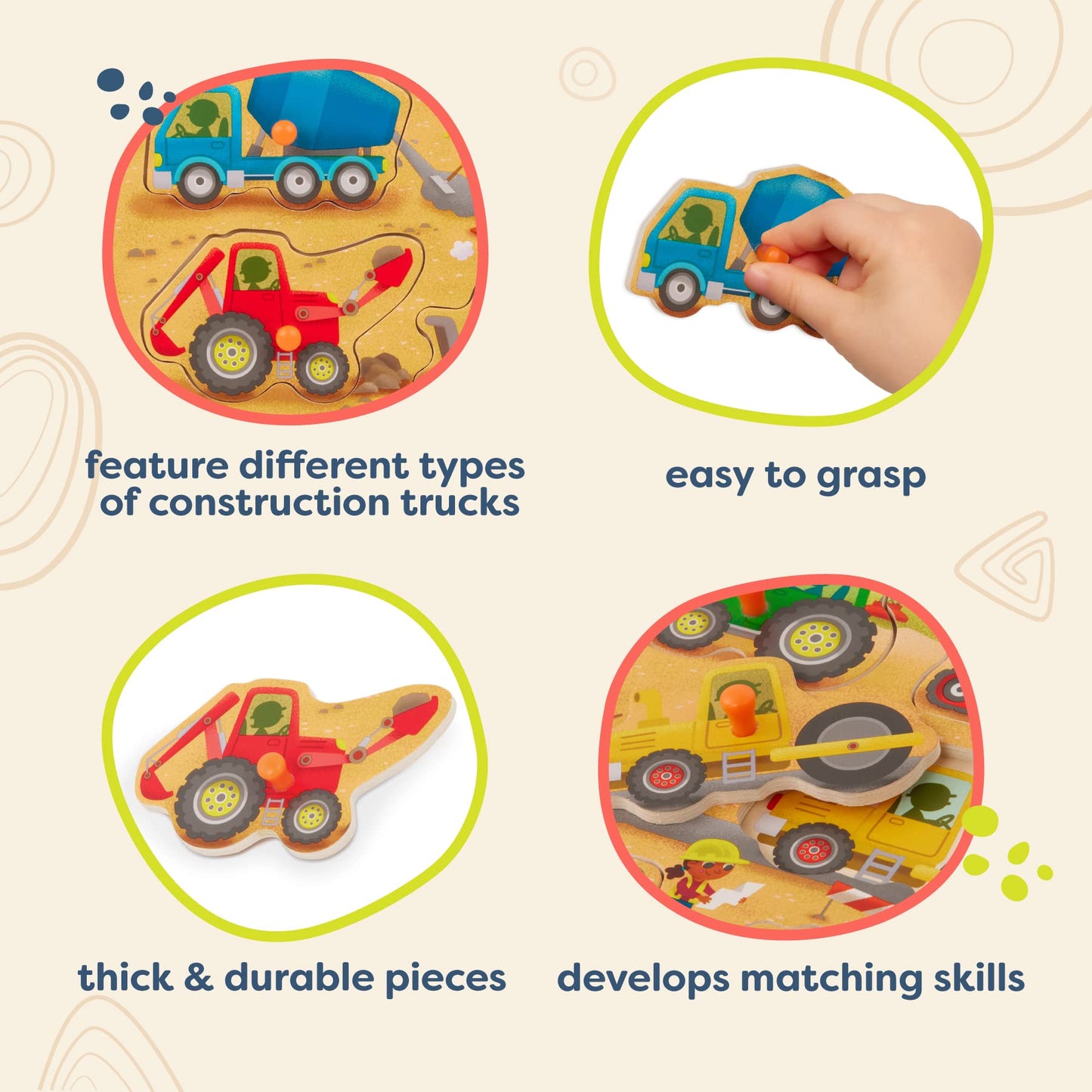 B. Toys- Peek & Explore - Construction Trucks- Wooden Peg Puzzle – Truck Puzzle For Toddlers, Kids – 8 Construction Truck Pieces – Dump Truck, Cement Mixer, Excavator & More – 2 Years +