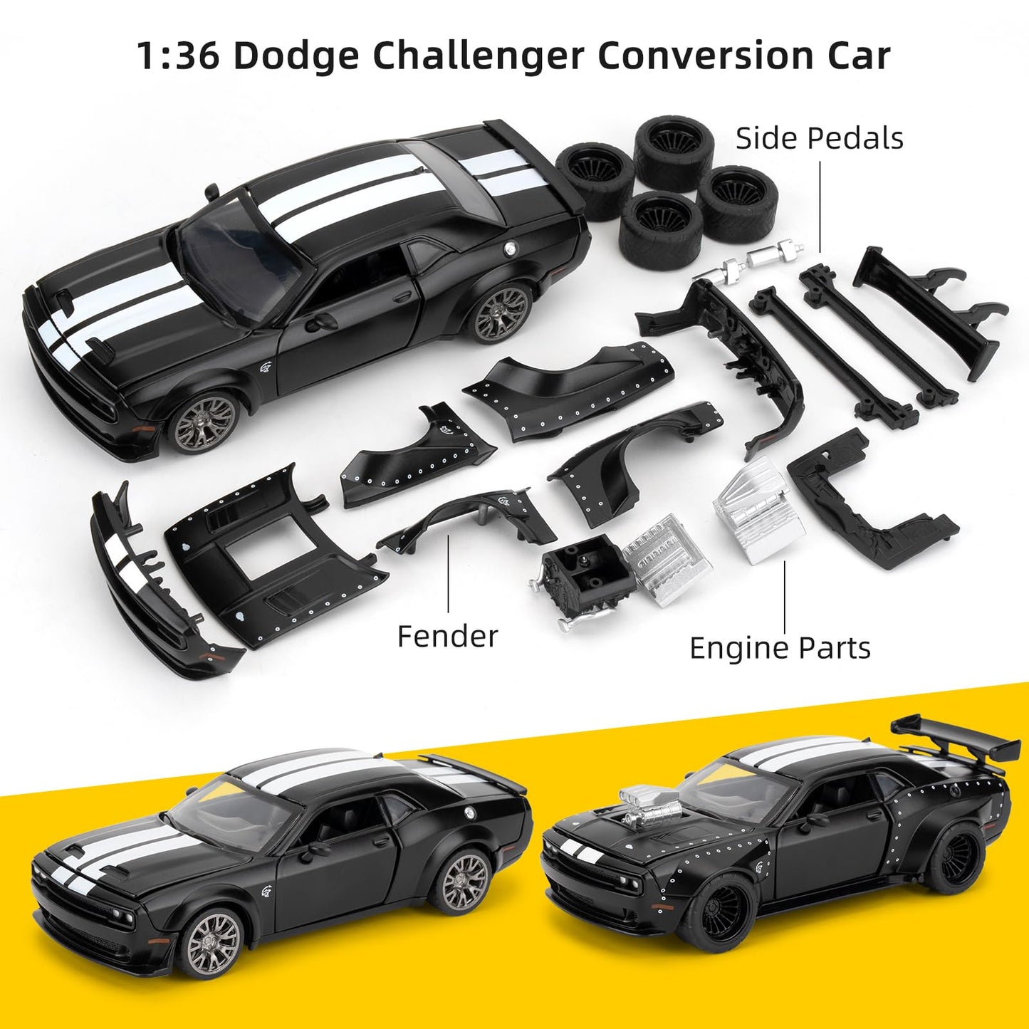 LOVEPOSELY Diecast Car Model 1:36 Dodge Challenger SRT Hellcat - Black Zinc Alloy DIY Kit for Kids