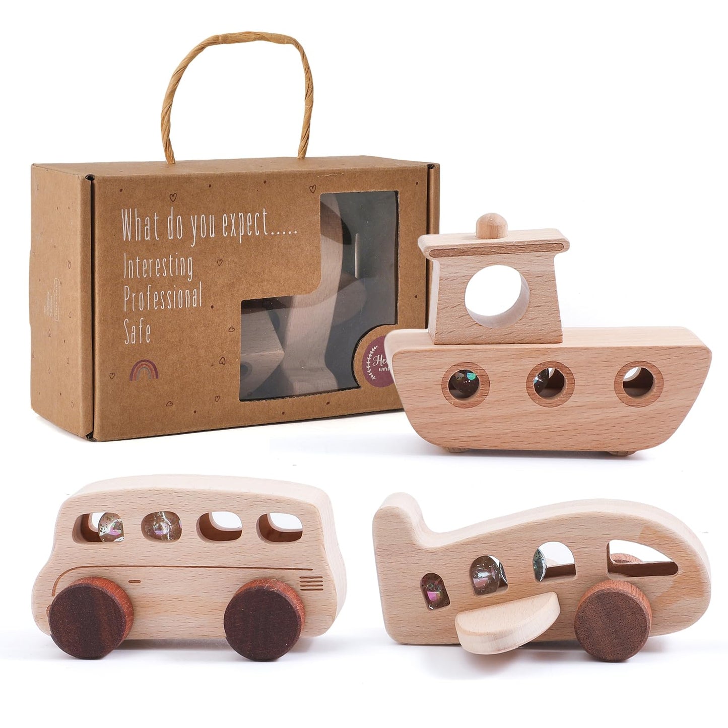 WOODEN TEETHER 3pcs Wooden Cars for Toddlers 1-3 Years Car Toys for Babies Wooden Baby Toys Include Car Boat Air