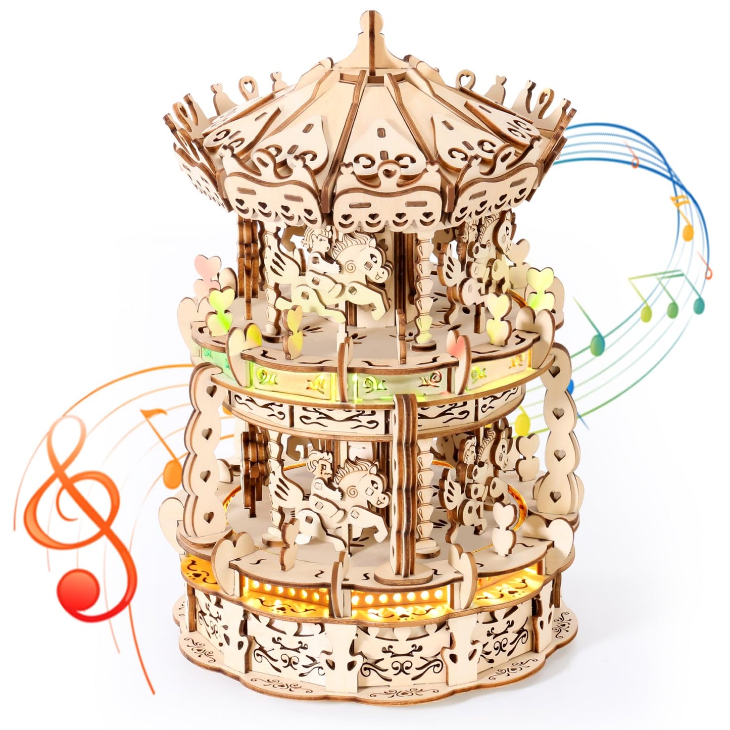 Miebely 3D Wooden Puzzles For Adults Led Carousel Music Box - Diy Crafts Model Building Kits For Teens Mechanical Model Stem Pro