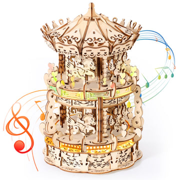 Miebely 3D Wooden Puzzles For Adults Led Carousel Music Box - Diy Crafts Model Building Kits For Teens Mechanical Model Stem Pro