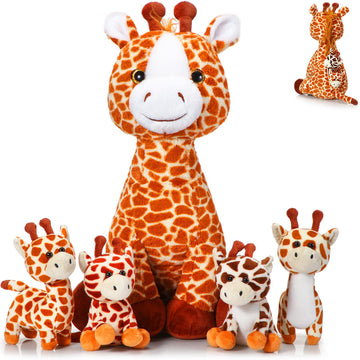 Honoson 5 Pcs Giraffe Stuffed Animals Set 18'' Large Mommy Giraffe Plush With 4 Cute Baby Zippered Tummy Soft Gift For Boy Girl