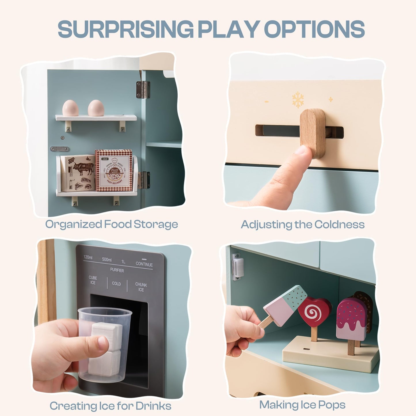 Robotime Toy Kitchen Wooden Fridge, Play Refrigerator For Kids & Toddlers, Wooden Fridge Freezer Set With Ice Maker And Foods, P